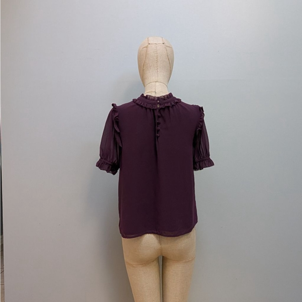 Rebecca Minkoff Ceri Purple Ruffle Neck Puff Sleeve Blouse - Small - Picture 2 of 8
